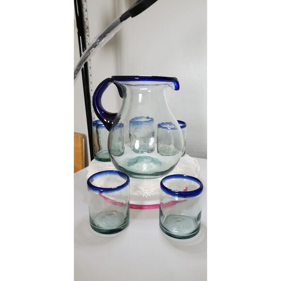 Hand Blown Mexican Glass Pitcher and 5 matching Glasses ~Merrari~ - Picture 11 of 14